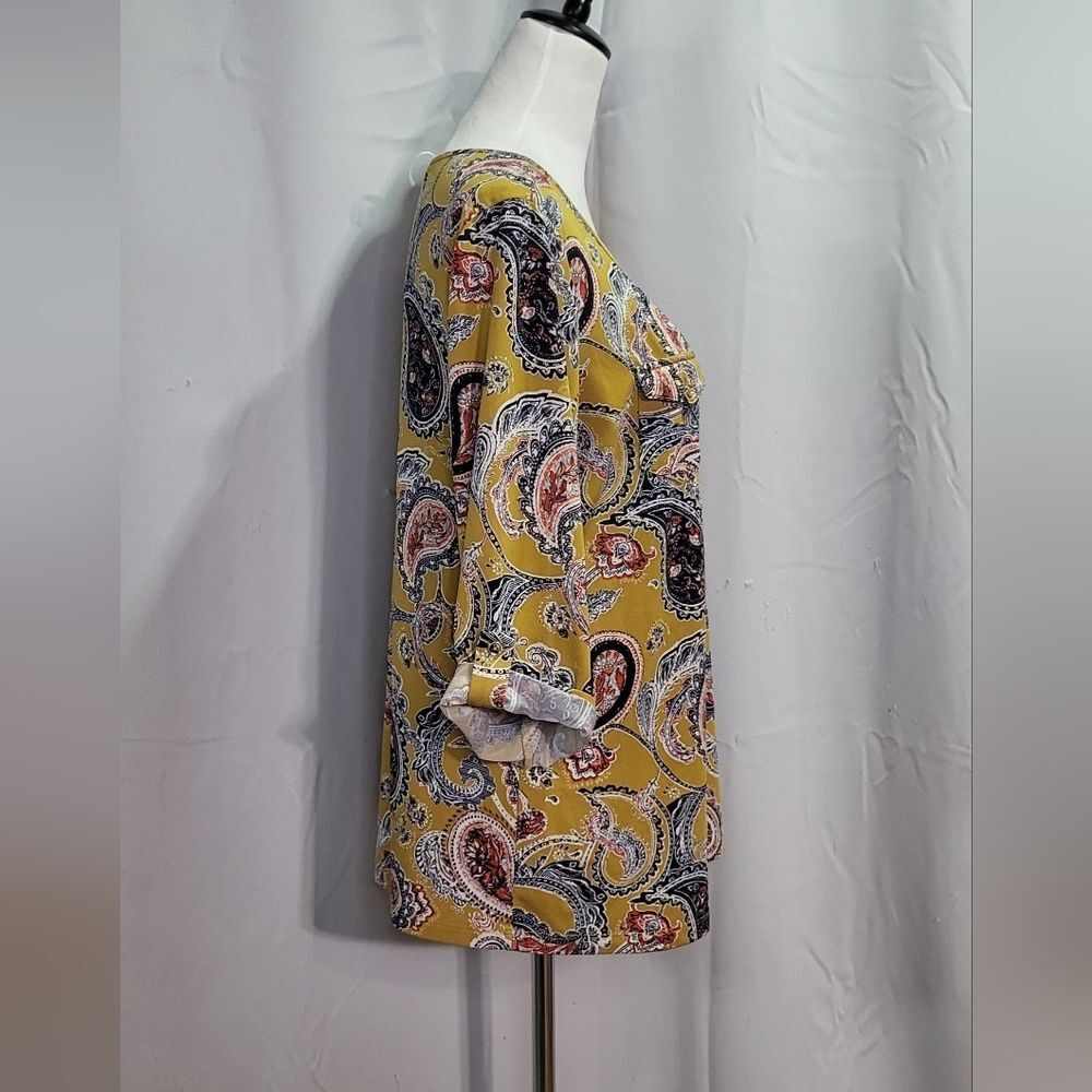 PerSeption Concept Women's Yellow Paisley Print Roll Tab 3/4 Sleeve Blouse Sz XL - Picture 7 of 11